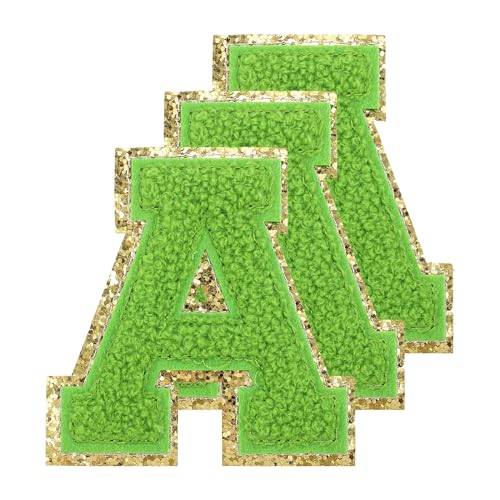 sourcing map Chenille-Buchstaben A, groß, 80 mm, zum Aufbügeln, goldene Glitzer, bestickte Aufnäher für Kleidung, Schuhe, Hüte, Rucksäcke, 3 Stück (grün) von sourcing map