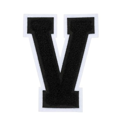 sourcing map Chenille-Buchstaben-Aufnäher, 10,2 cm, schwarze Chenille-Initiale A-Z, bestickt, zum Aufnähen und Aufbügeln, für Heimwerkerbedarf, T-Shirt, Kleidung, Jacke, Tasche (Buchstabe V) von sourcing map