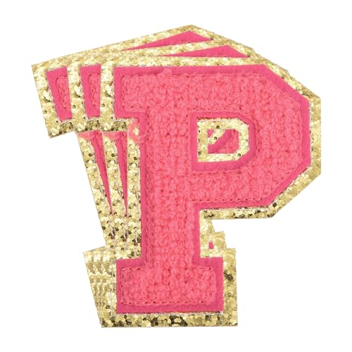sourcing map Chenille-Buchstaben-Aufnäher, groß, 8 x 6,3 cm, zum Aufbügeln mit Buchstaben P, goldener Glitzer, bestickt, für Kleidung, Schuhe, Hüte, Rucksäcke, 3 Stück (Hot Pink) von sourcing map
