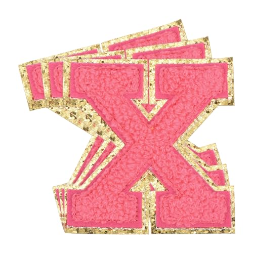 sourcing map Chenille-Buchstaben-Aufnäher, groß, 8 x 7,5 cm, zum Aufbügeln mit Buchstaben X, goldener Glitzer, bestickte Aufnäher für Kleidung, Schuhe, Hüte, Rucksäcke, 3 Stück (Hot Pink) von sourcing map