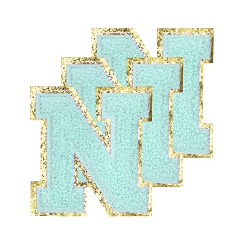 sourcing map Chenille-Buchstaben N, groß, 80 mm, zum Aufbügeln, Buchstaben N, goldene Glitzer, bestickte Aufnäher für Kleidung, Schuhe, Hüte, Rucksäcke, 3 Stück (blau) von sourcing map