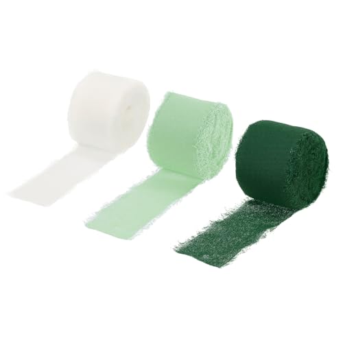 sourcing map Chiffonband, 3 Rollen, 3,8 cm, 7 Yards, Seidenband, Stoffband, handgefertigt, florales Fransenband für Geschenkverpackungen, Basteln, Blumenstrauß, Dunkelgrün/Salbeigrün / Creme von sourcing map