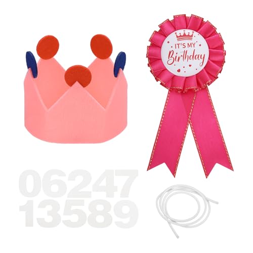 sourcing map Geburtstag Krone Party Set, My Ribbon Brosche Pin & Filzkrone Hut mit 0-9 Zahlen für Themenparty Dress Up Dekoration Foto Requisiten Geburtstage Feier, Rosa von sourcing map