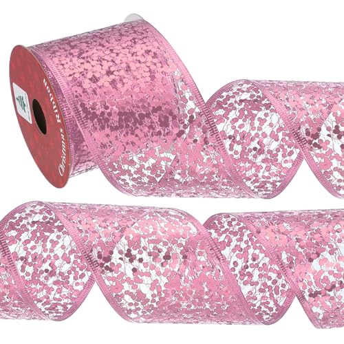 sourcing map Glitzerndes Netzband, 6,3 cm x 9,1 m, glitzerndes Garnband, Polyester, dekorative Metallfolie, Wellenrollen für Weihnachtsbäume, Kränze, Girlanden (Paillettenrand, Rosa) von sourcing map