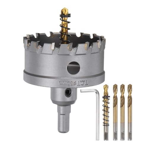 sourcing map Hartmetall-Lochsägen-Set, 66 mm, Metall-Lochschneider-Set mit 5 Zentrierbohrern, Federn, 1 Schraubenschlüssel für Edelstahl, Kupfer, Eisen, Aluminium von sourcing map