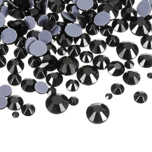 sourcing map Hotfix-Strasssteine, flache Rückseite, Kristallglas-Edelsteine mit transparenter Tasche, Nagelkunst-Set für Handwerk, Kleidung, DIY-Dekoration, 5 Größen (SS6-SS20 Set, schwarz), 400 Stück von sourcing map
