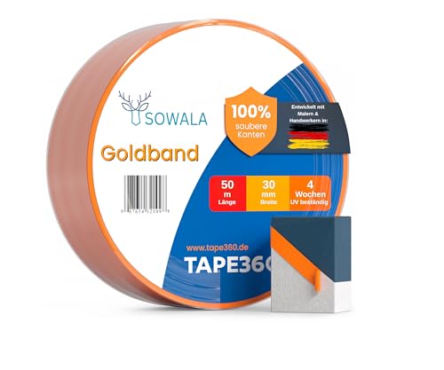 Goldband Malerkrepp 5 Rollen 30 mm x 50 m | 30 Tage UV-beständiges Klebeband | Washi Tape für scharfe Farbkanten | Malerband für Innen & Außen | Kreppband Goldband Malerkrepp 5 Rollen 30 mm x 50 m | 30 Tage UV-beständiges Klebeband | Washi Tape für scharfe Farbkanten | Malerband für Innen & Außen | Kreppband von sowala