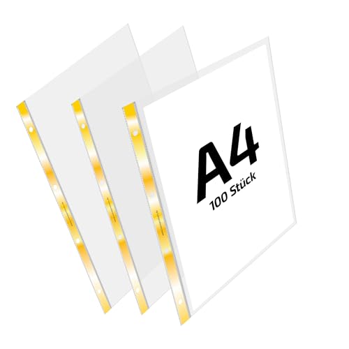 REIF Hamburg 17330 Prospekthüllen A4, 100 Stück aus PP glasklar Stärke 0,080 mm, Dokumentenhülle mit goldenem Verstärkungsstreifen, dokumentenecht, Made in Germany von Reif Hamburg
