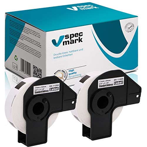 specmark 2 Rollen Einzeletiketten kompatibel mit Brother DK-11204 17mm x 54mm 400 Stück Etiketten für allen QL-Etikettendruckern QL-570 QL-700 QL-800 von specmark
