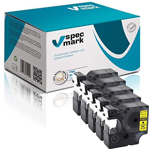 specmark Kompatibel für DYMO D1 45808 S0720880 Schriftband 19mm x 7 m Satz x 5 St. Schwarz auf Gelb Kompatibel mit DYMO D1 für Drucker LM LabelManager LP LabelPoint LW LabelWriter DUO specmark Kompatibel für DYMO D1 45808 S0720880 Schriftband 19mm x 7 m Satz x 5 St. Schwarz auf Gelb Kompatibel mit DYMO D1 für Drucker LM LabelManager LP LabelPoint LW LabelWriter DUO von specmark