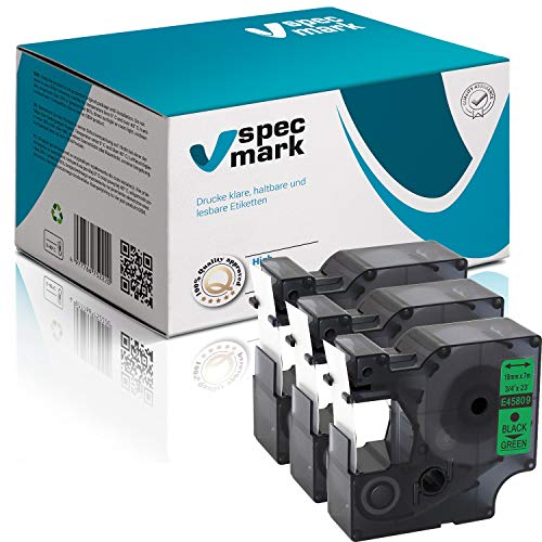 specmark Kompatibel für DYMO D1 45809 S0720890 Schriftband 19mm x 7 m Satz x 3 St. Schwarz auf Grün Kompatibel mit DYMO D1 für Drucker LM LabelManager LP LabelPoint LW LabelWriter DUO specmark Kompatibel für DYMO D1 45809 S0720890 Schriftband 19mm x 7 m Satz x 3 St. Schwarz auf Grün Kompatibel mit DYMO D1 für Drucker LM LabelManager LP LabelPoint LW LabelWriter DUO von specmark