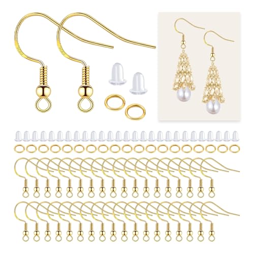 Hypoallergene, vergoldete 925er-Sterlingsilber-Fischhaken-Ohrdrähte (60 Paar/120 Stück), 360-teiliges Schmuckset, inklusive Biegeringe und transparente Silikon-Ohrring-Verschlüsse für sicheren und von speebird