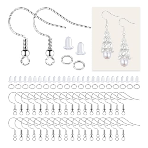Hypoallergene, versilberte Fischhaken-Ohrdrähte aus 925er-Sterlingsilber (60 Paar/120 Stück), 360-teiliges Schmuck-Set, inklusive Biegeringe und transparente Silikon-Ohrring-Verschlüsse für sicheren von speebird