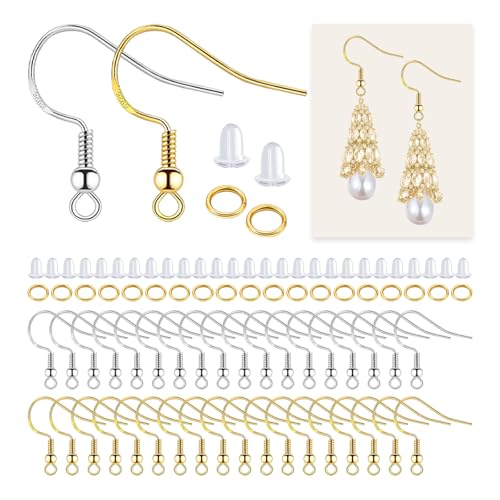 Hypoallergene Ohrhaken aus 925er-Sterlingsilber, vergoldet/versilbert (60 Paar/120 Stück), 360-teiliges Schmuck-Set, inklusive Biegeringe und transparente Silikon-Ohrring-Verschlüsse für sicheren und von speebird