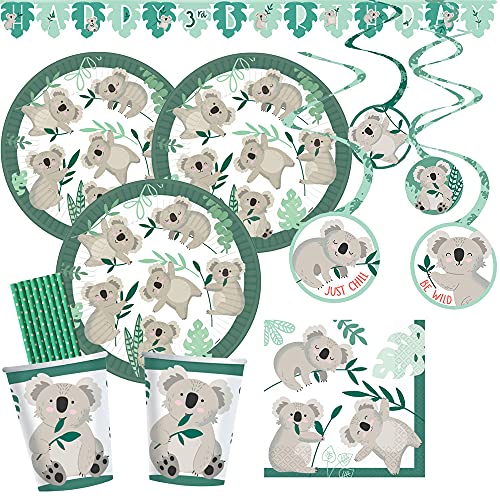 spielum 42-teiliges Party Set Koala - Teller Becher Servietten Girlande Hängedeko Papiertrinkhalme für 8 Kinder von spielum