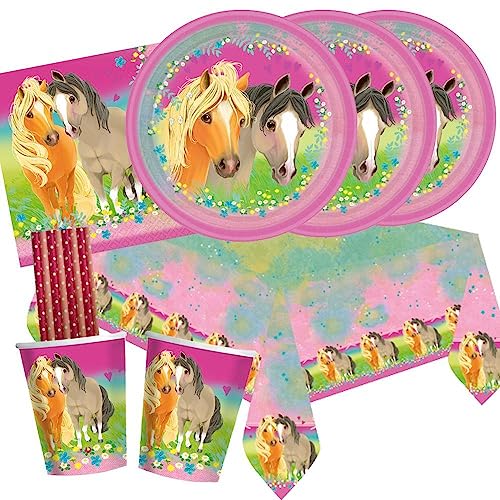 spielum 45-teiliges Party-Set Pferde - Pretty Pony - Teller Becher Servietten Tischdecke Trinkhalme für 8 Kinder von spielum