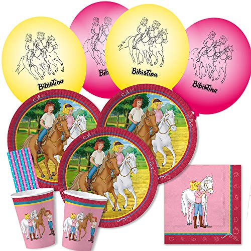 dh-konzept/spielum 50-teiliges Party-Set - Bibi und Tina - Teller Becher Servietten Luftballons Trinkhalme für 8 Kinder von dh-konzept/spielum