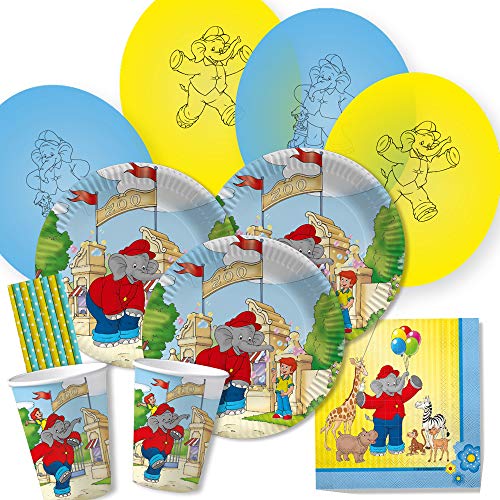 dh-konzept/spielum 50-teiliges Party-Set - Elefant Benjamin Blümchen - Teller Becher Servietten Luftballons Trinkhalme für 8 Kinder von dh-konzept/spielum