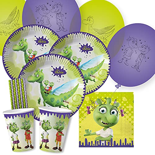 dh-konzept/spielum 52-teiliges Party-Set - Die Olchis - Teller Becher Servietten Luftballons Papiertrinkhalme für 8 Kinder von dh-konzept/spielum