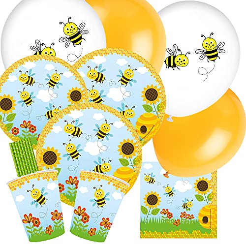 52-teiliges Party-Set Freche Bienen - Teller Becher Servietten Luftballons Trinkhalme für 8 Kinder von partystrolche/spielum