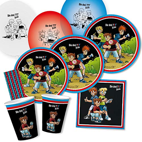 dh-konzept/spielum 53-teiliges Party-Set - DREI Fragezeichen ??? Kids Teller Becher Servietten Luftballons + Trinkhalme für 8 Kinder von dh-konzept/spielum