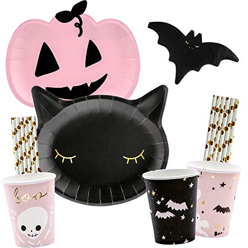 spielum 56-teiliges Party-Set Halloween Kürbis Katze Fledermaus - Teller Becher Servietten Trinkhalme für 12 Personen von spielum