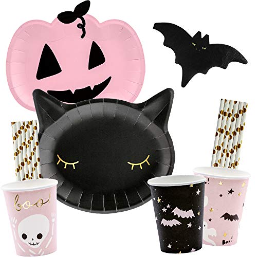 spielum 56-teiliges Party-Set Halloween Kürbis Katze Fledermaus - Teller Becher Servietten Trinkhalme für 12 Personen spielum 56-teiliges Party-Set Halloween Kürbis Katze Fledermaus - Teller Becher Servietten Trinkhalme für 12 Personen von spielum
