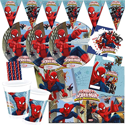 spielum 58-teiliges Party-Set Spiderman Web Warriors - Teller Becher Servietten Tischdecke Wimpelkette Einladungen Tüten Trinkhalme für 8 Kinder von spielum
