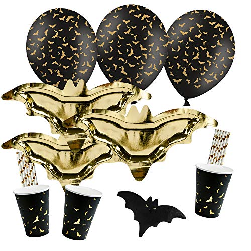 spielum 62-teiliges Party-Set Halloween Fledermaus - Teller Becher Servietten Trinkhalme Ballons für 12 Personen von spielum