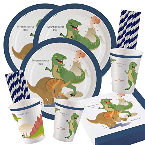spielum 68-teiliges Party-Set Dinosaurier - Happy Dinosaur - Teller Becher Servietten Trinkhalme für 16 Kinder von spielum