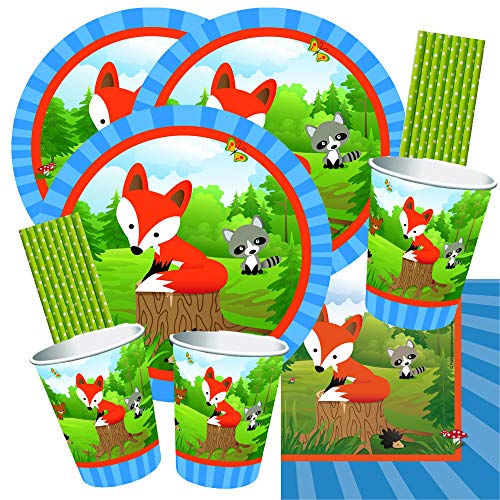 spielum 68-teiliges Party-Set Kleiner Fuchs - Teller Becher Servietten Trinkhalme für 16 Kinder von spielum