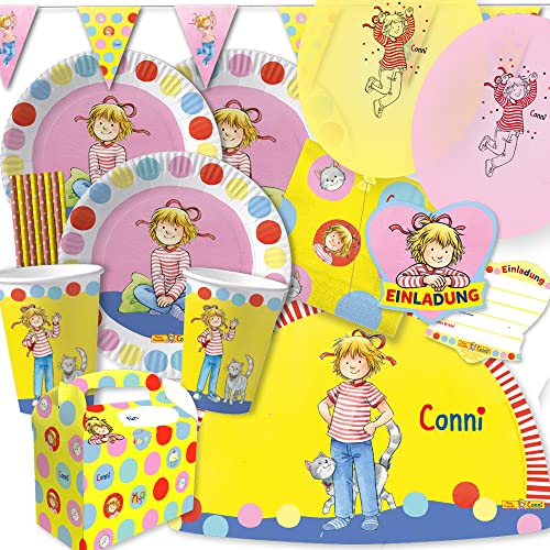 spielum 77-teiliges Party-Set - Conni -Teller Becher Servietten Platzsets Ballons Einladungen Geschenkeboxen Trinkhalme für 8 Kinder von spielum