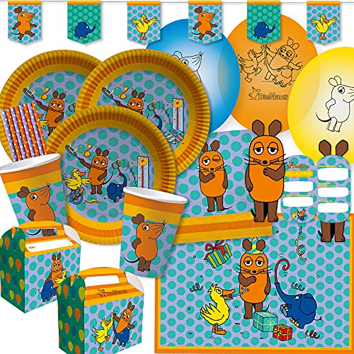 dh-konzept/spielum 77-teiliges Party-Set - Die Maus -Teller Becher Servietten Platzsets Wimpelkette Einladungen Luftballons Partyboxen Trinkhalme für 8 Kinder von dh-konzept/spielum