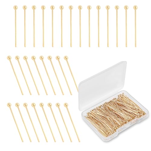 200 Stück Goldkopfnadel-Set, 3 cm Größen, 18 Karat Gold gefüllte Metall-Schmuckherstellungsnadeln für Ohrringe, Armbänder, Halsketten, Kugelkopf, Flachkopf, Ösennadeln für DIY-Charms von starfa lab