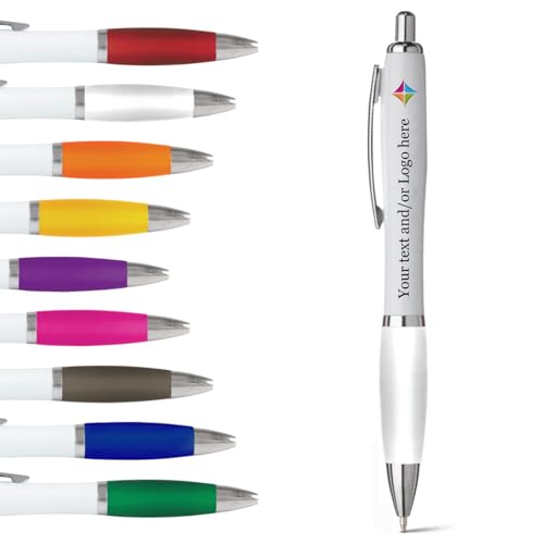 stika.co Contour Werbe Stifte, Kugelschreiber Gummi Personalisierte Stifte, Büro, Schule, Veranstaltung mit Ihrem Text/Logo (Weiß, 40 Stifte) von stika.co