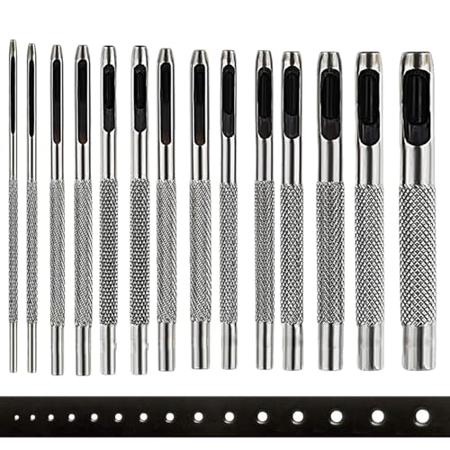 Hohl Locher Werkzeug,14 Stück Locheisen Set, Runde Stahl Hohl Punch Set,Leder Punch Werkzeug,für Uhrenarmbänder, Gürtel, Leinenpapier,Weiches Gummi-Material von stillwen