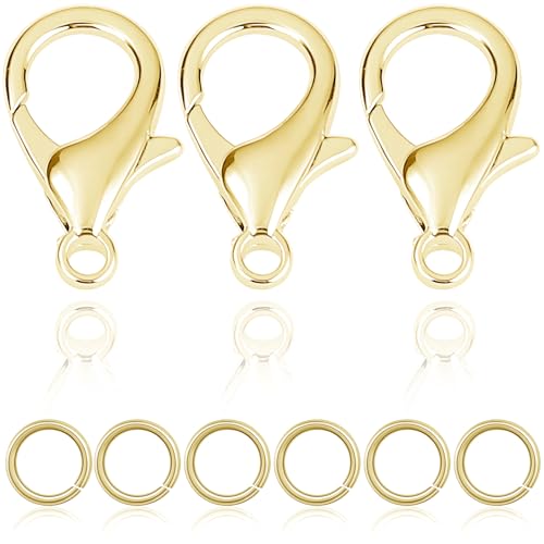 90 Stück farbechte Karabinerverschlüsse (10 mm) und Biegeringe für Schmuckherstellung, Halsketten, Armbänder, Zubehör und Zubehör (14 Karat vergoldet) von stino