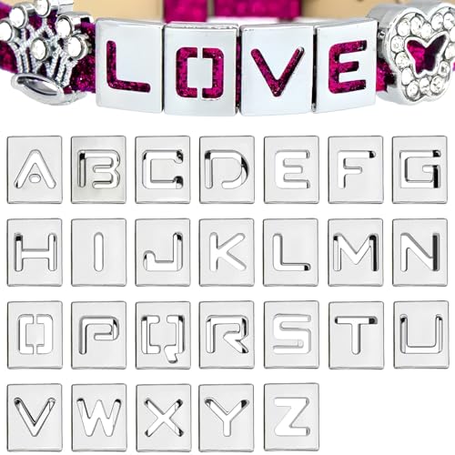 Stino Metall-Buchstaben-Perlen-Set, 52-teilig, Schiebe-Alphabet für Armband, Halskette, DIY-Schmuckherstellung, Silber (silberfarbener quadratischer Buchstabe) von stino