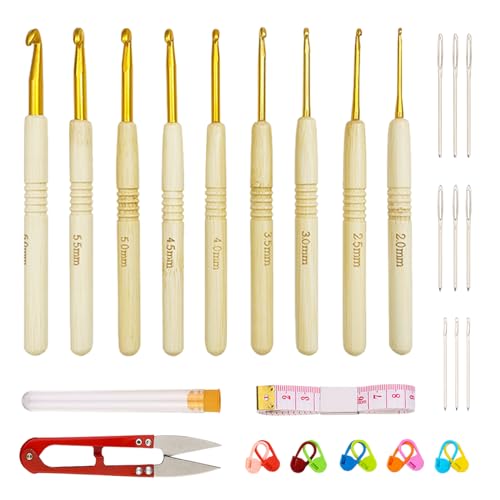 suaywo 9 Stück Holzgriffe Häkelnadel Set Holz Ergonomische Häkelnadeln Crochet Set für Anfänger DIY Flechten(2mm, 2,5 mm, 3 mm, 3,5 mm, 4 mm, 4,5 mm, 5 mm, 5,5 mm, 6 mm) von suaywo