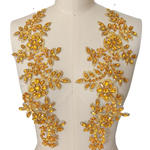 1 Paar Strass-Spitzenapplikation, Zubehör, handgenäht, Glasperlen, Steine, Zierflicken für Mädchen, Hochzeitskleid, Dekorationen (Gold + Gelb) von succi shan