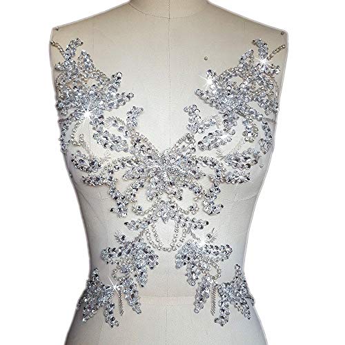 Einzigartige, erstaunlich reine handgefertigte glitzernde silberfarbene Strasssteine zum Aufnähen, Applikationen, Kristalle, 34 x 29 cm, Näh-Crastal für Hochzeit, Abendkleid, Accessoire (weiß) von succi shan