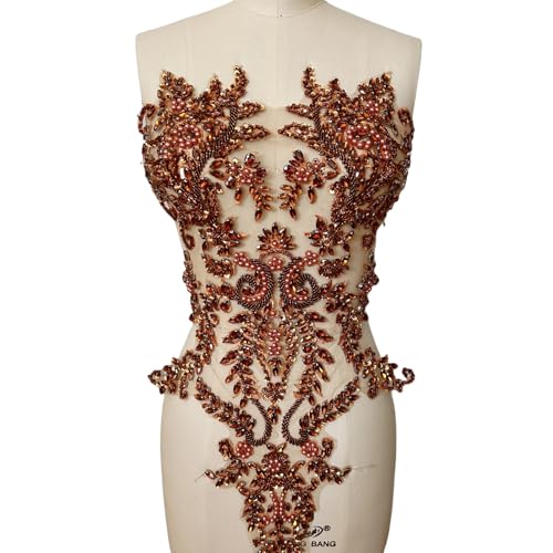 Handgefertigte Mieder-Strass-Applikation, Nähen, Glasperlen, Steine, Kristallbesatz, Spitzenaufnäher für Kleid, Kleidung, Accessoires, 34 x 63 cm (braun) von succi shan