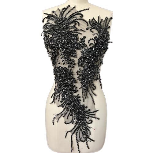 Handgefertigte Strass-Applikation mit Spitze, Miederapplikation, Nähen, Glasperlen, Pailletten, Kristallbesatz, Zubehör für Kleider, Kleidung, 30,5 x 66 cm, Schwarz Handgefertigte Strass-Applikation mit Spitze, Miederapplikation, Nähen, Glasperlen, Pailletten, Kristallbesatz, Zubehör für Kleider, Kleidung, 30,5 x 66 cm, Schwarz von succi shan