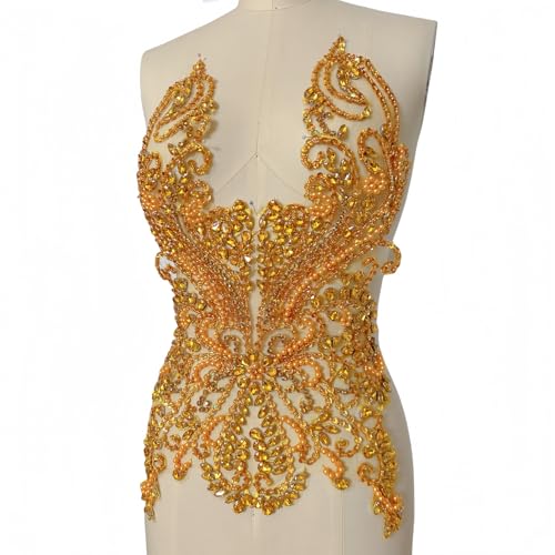 Strass-Applikation, handgefertigt, glitzernde Kristalle, Mieder, Diamant-Patch für Ballkleider, Hochzeitskleid (Gold) von succi shan