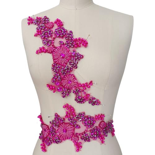 Strass Spitze Applikation Patches Handgenäht Blumenmotiv für DIY Brautkleid Brautkleid Abschlussball Abendkleidung Schulter und Taille Dekorationen (Rose Red) von succi shan