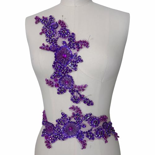 Strass Spitze Applikation Patches Handgenäht Blumenmotiv für DIY Brautkleid Brautkleid Abschlussball Abendkleidung Schulter und Taille Dekorationen (lila) von succi shan