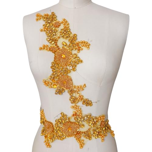 Strass Spitze Applikation Patches - Handgenähte Glasperlen Blumenmotiv für DIY Hochzeitskleid Brautkleid Abschlussball Abendkleidung Schulter und Taille Dekorationen (Gold) von succi shan