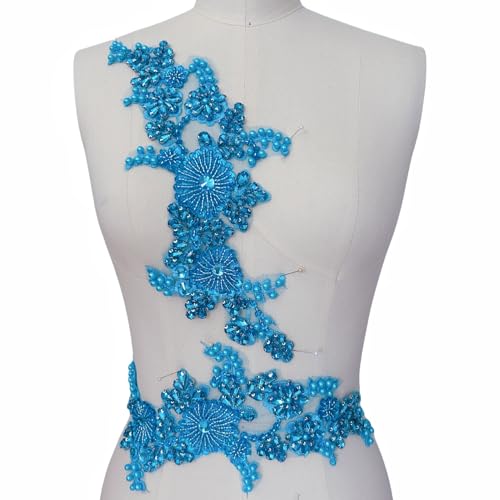 Strass Spitze Applikation Patches - Handgenähte Glasperlen Blumenmotiv für DIY Hochzeitskleid Brautkleid Abschlussball Abendkleidung Schulter und Taille Dekorationen (Hellblau) von succi shan