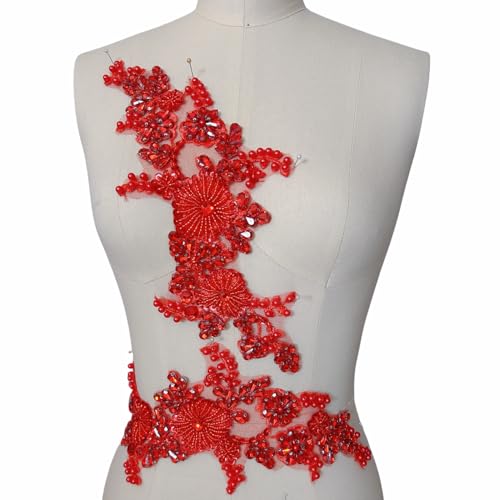 Strass Spitze Applikation Patches - Handgenähte Glasperlen Blumenmotiv für DIY Hochzeitskleid Brautkleid Abschlussball Abendkleidung Schulter und Taille Dekorationen (Rot) von succi shan