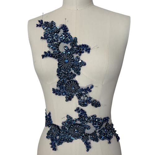 Strass Spitze Applique Patches - Handgenähte Glasperlen Blumenmotiv für DIY Hochzeitskleid, Brautkleid, Abschlussball, Abendgarderobe Schulter und Taille Dekorationen (Dunkelblau) von succi shan